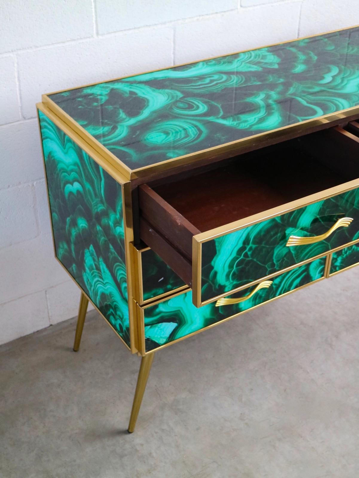 Midcentury Style Brass and Malachite Colored Murano Glass Commode, 2020 For Sale 4