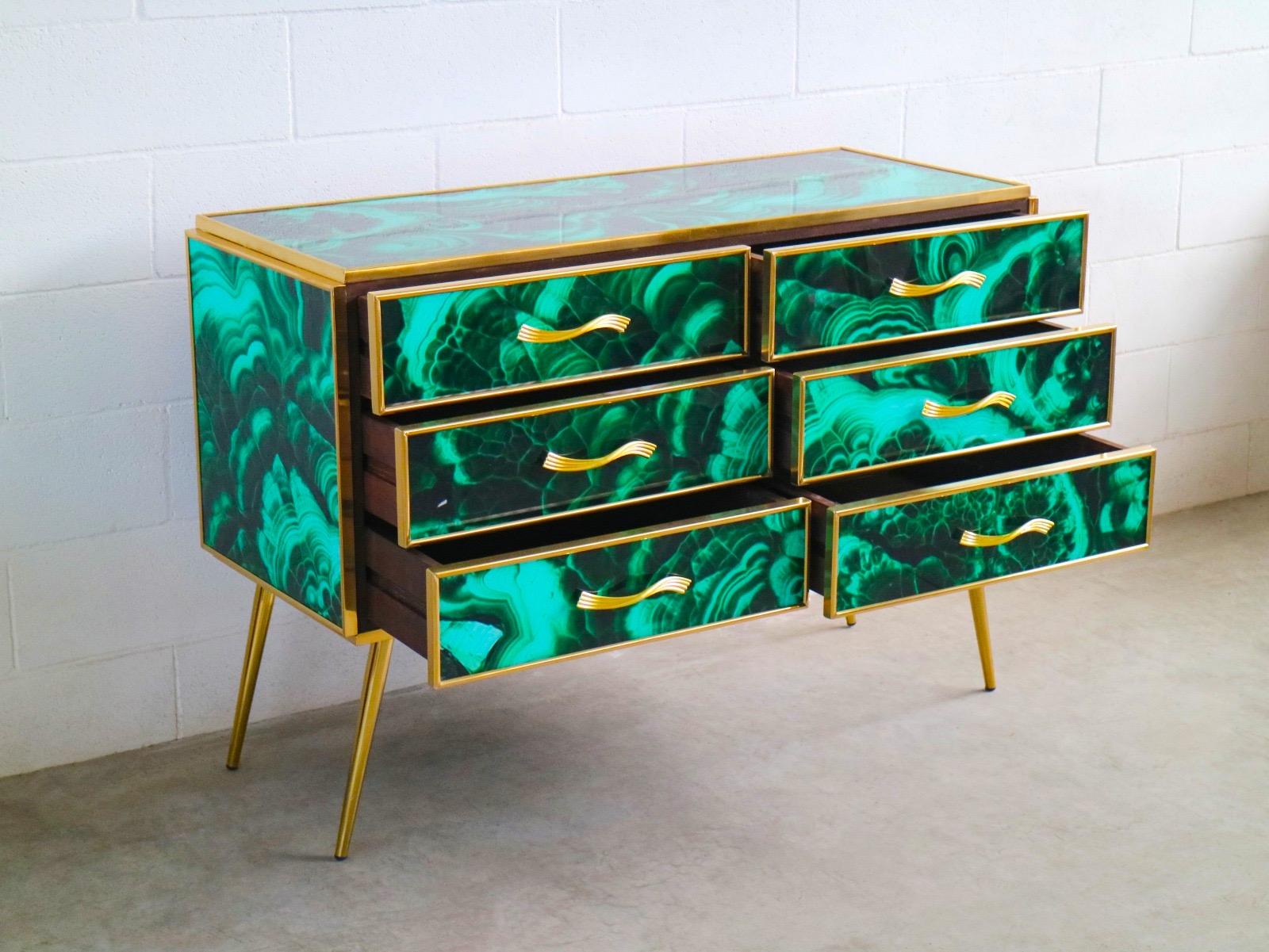 Midcentury Style Brass and Malachite Colored Murano Glass Commode, 2020 For Sale 6