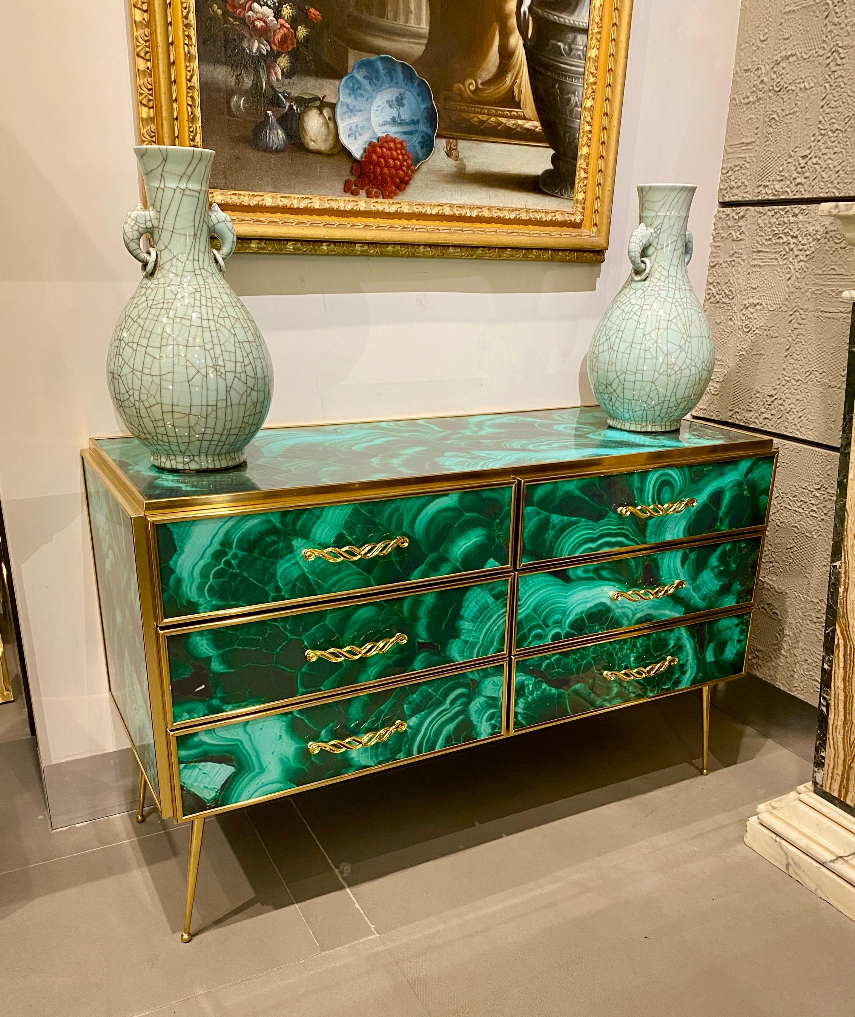 Midcentury Style Brass and Malachite Colored Murano Glass Commode, 2020 For Sale 6