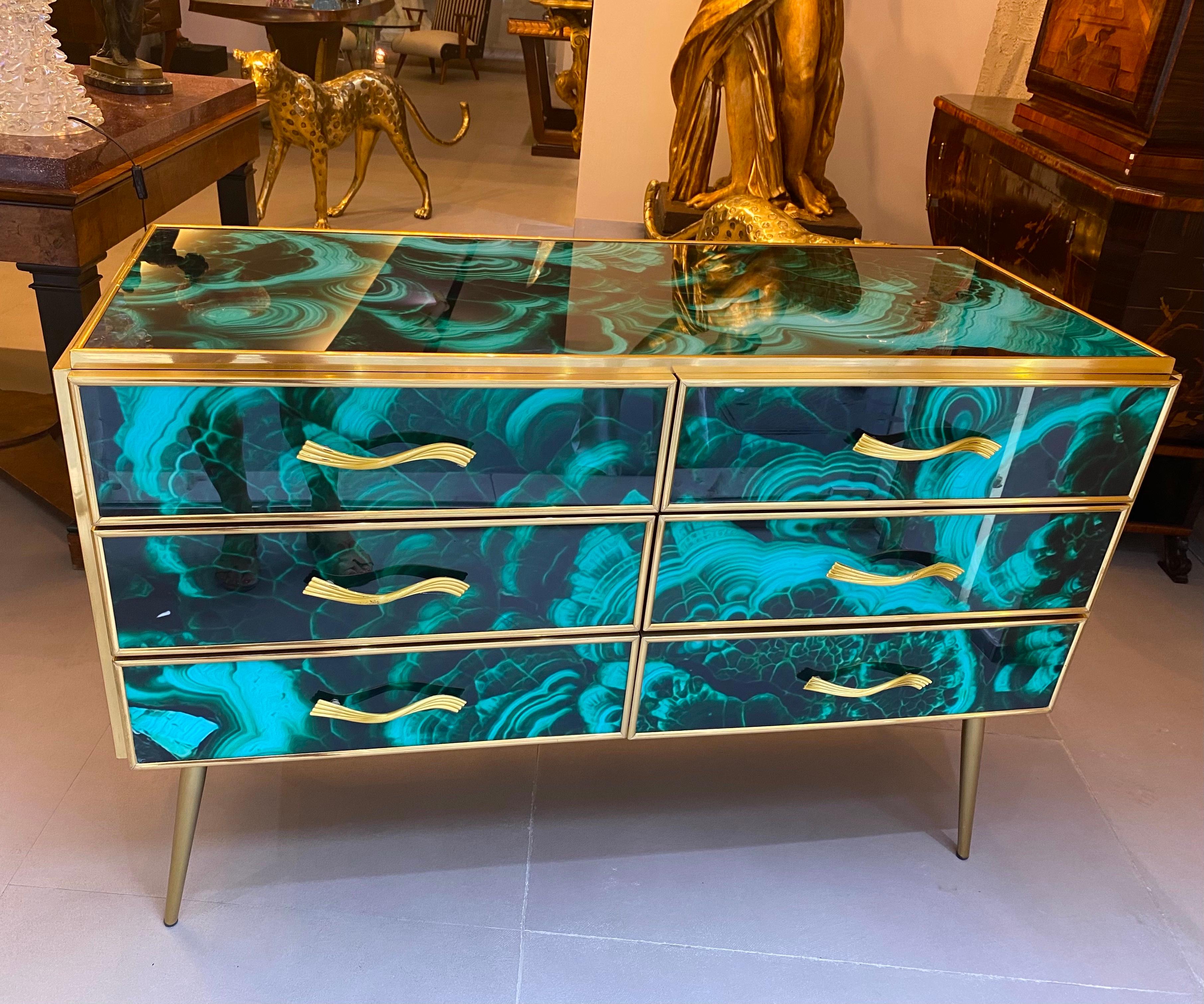 Midcentury Style Brass and Malachite Colored Murano Glass Commode, 2020 For Sale 8