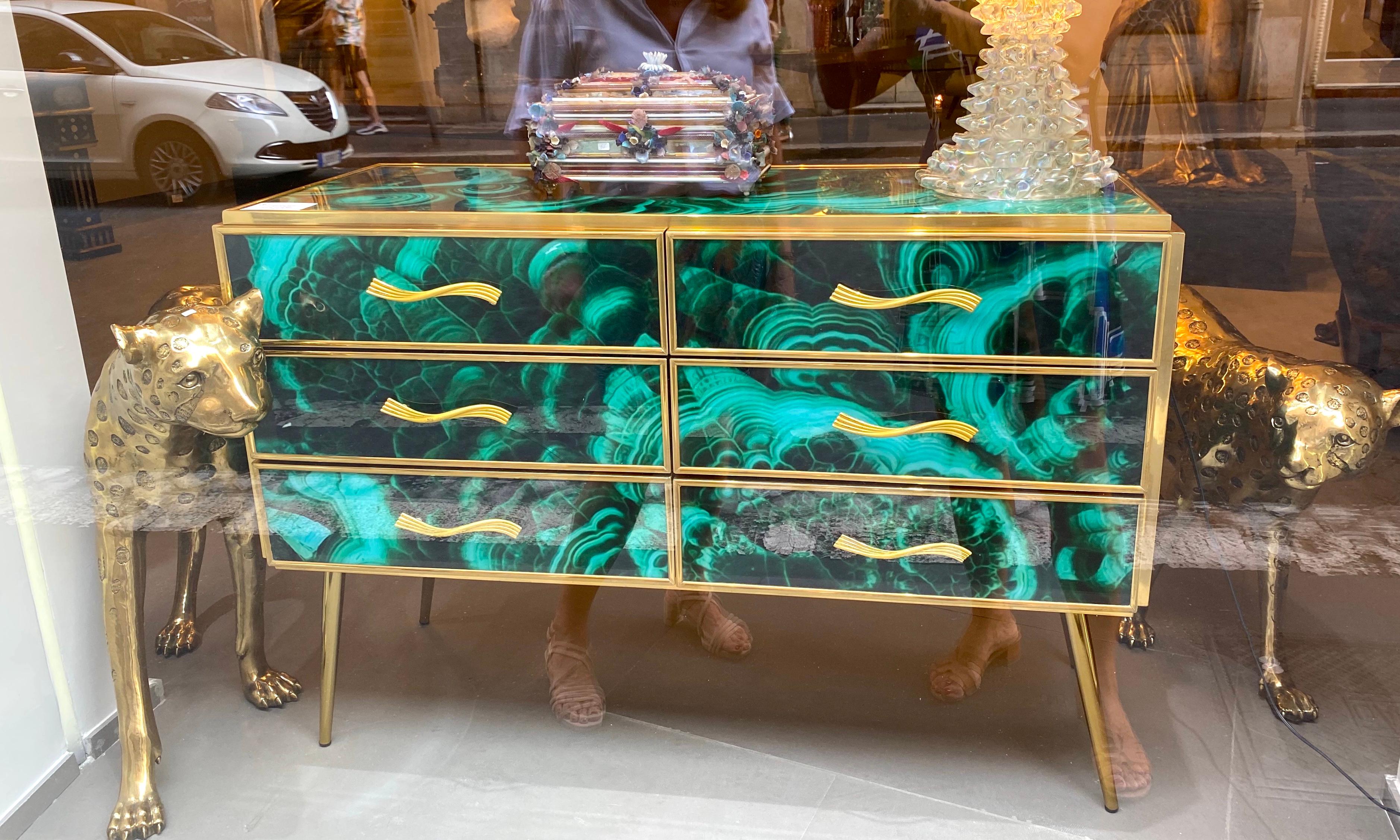 Midcentury Style Brass and Malachite Colored Murano Glass Commode, 2020 For Sale 9