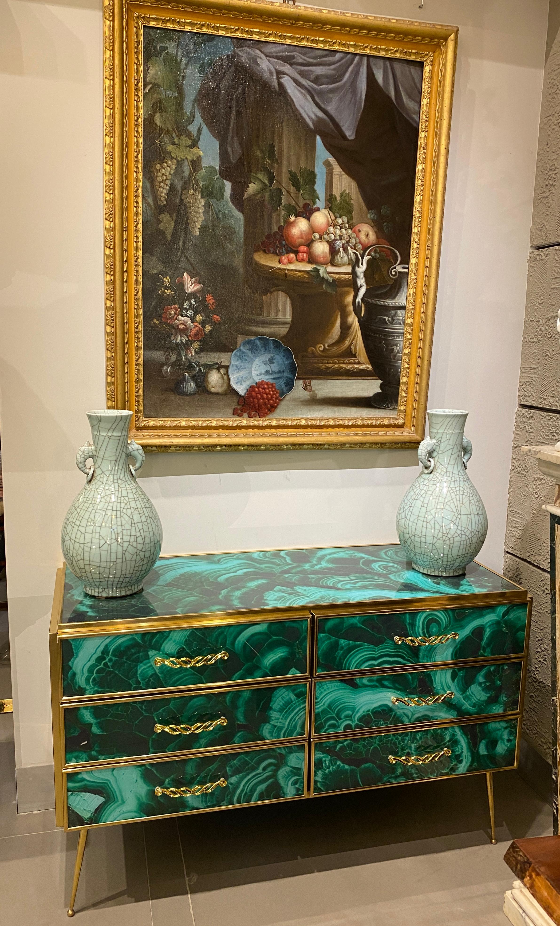 Midcentury Style Brass and Malachite Colored Murano Glass Commode, 2020 For Sale 9
