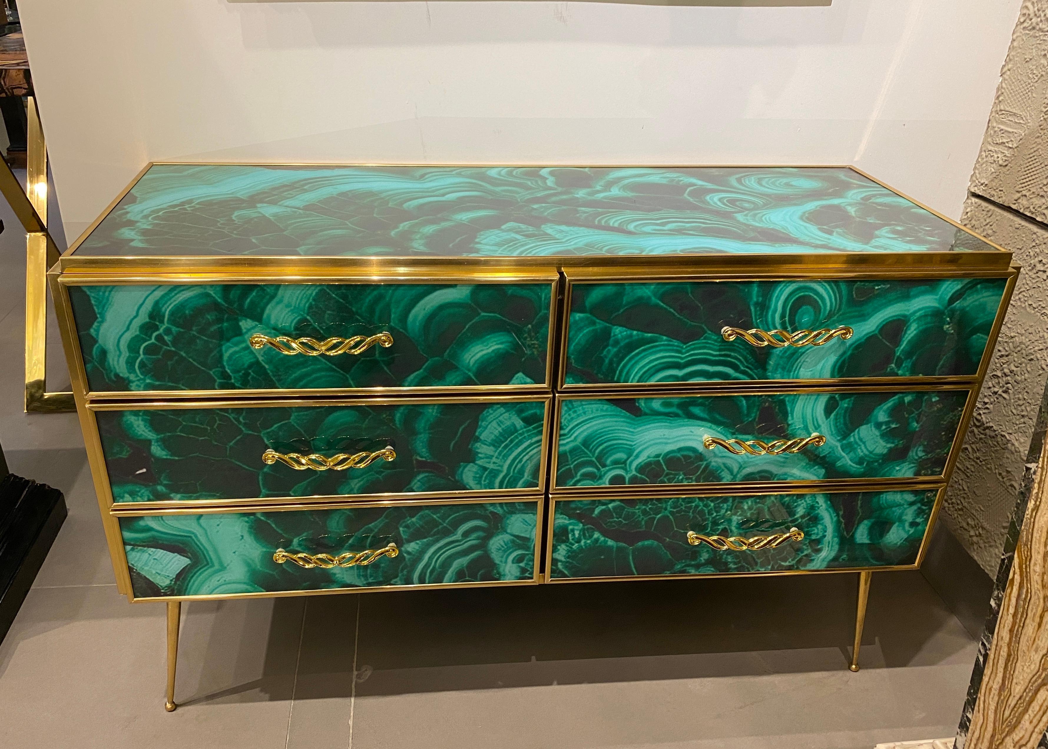 Midcentury Style Brass and Malachite Colored Murano Glass Commode, 2020 For Sale 10
