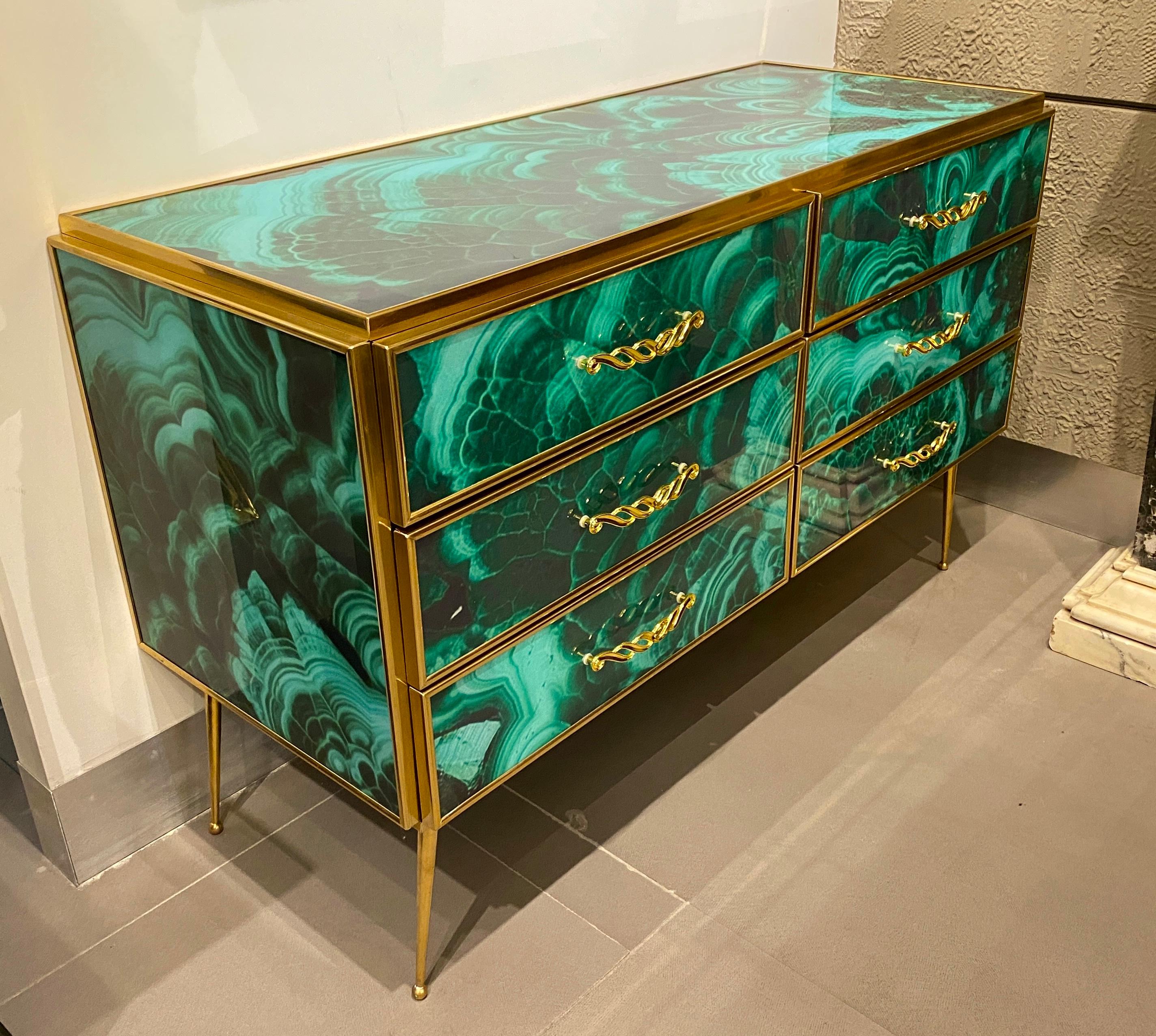 Midcentury Style Brass and Malachite Colored Murano Glass Commode, 2020 For Sale 11
