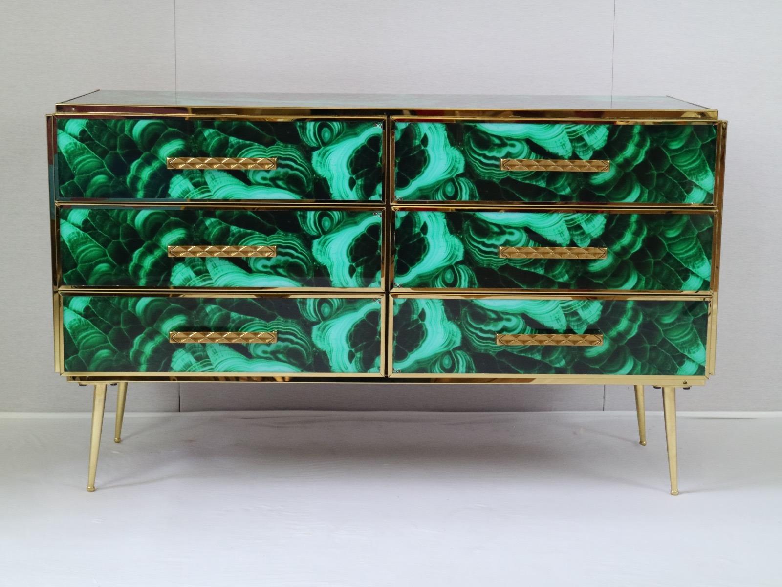 Mid-Century Modern Midcentury Style Brass and Malachite Colored Murano Glass Commode, 2020
