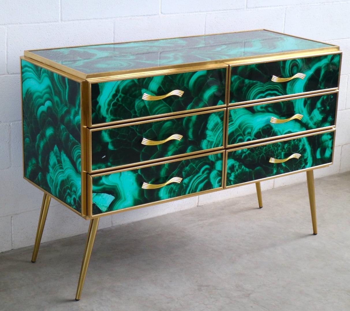 Mid-Century Modern Midcentury Style Brass and Malachite Colored Murano Glass Commode, 2020 For Sale