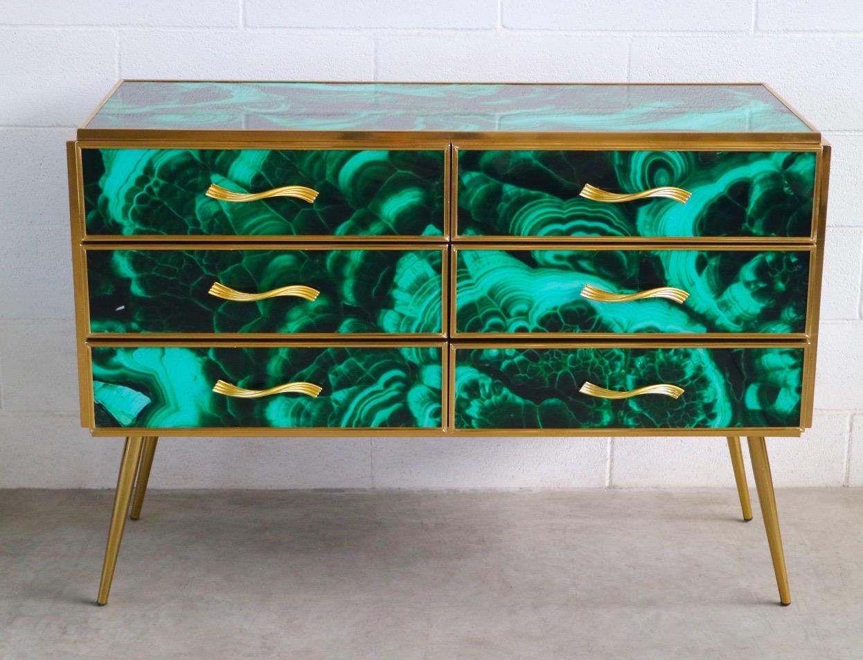 Italian Midcentury Style Brass and Malachite Colored Murano Glass Commode, 2020 For Sale