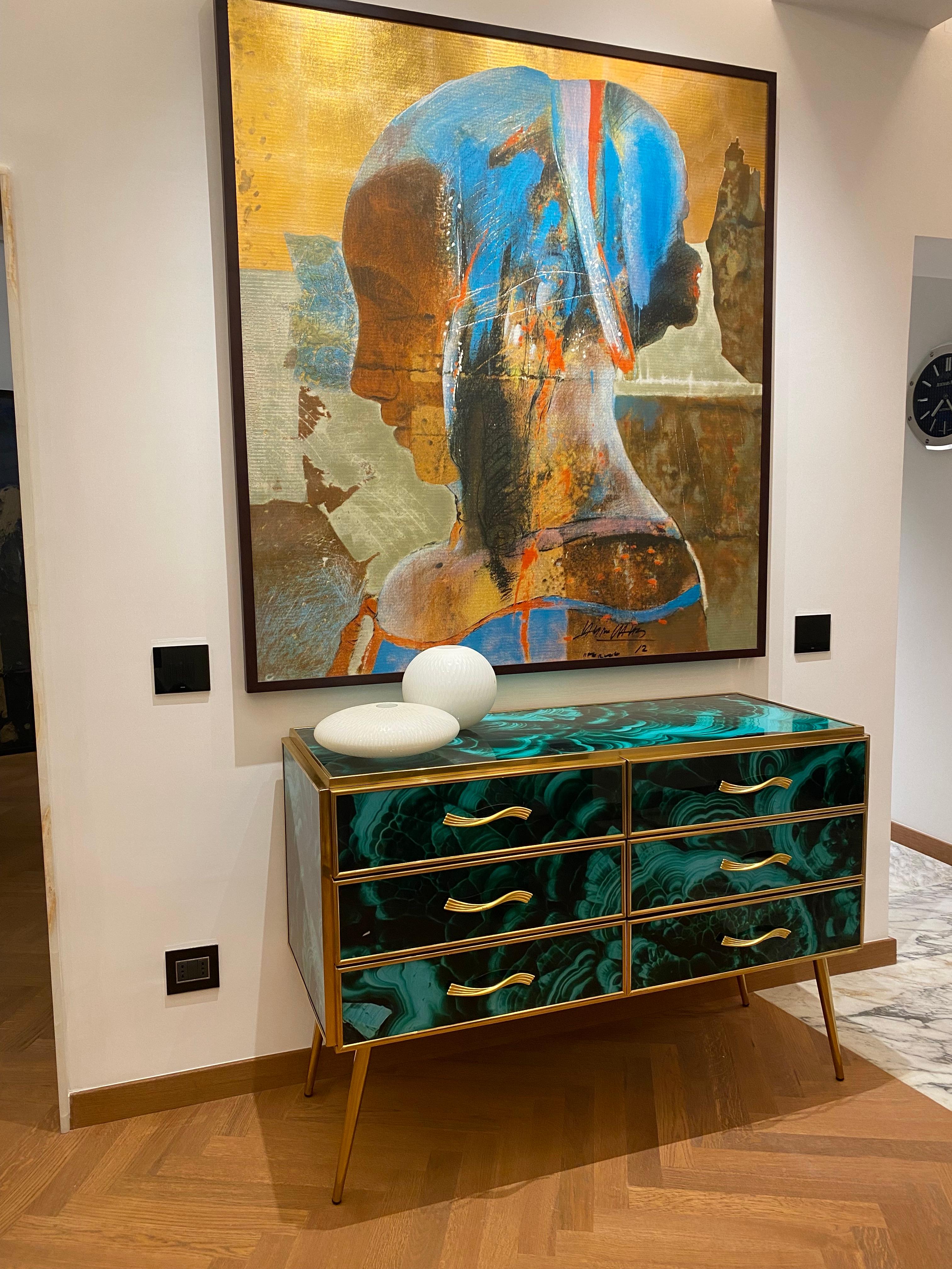 Italian Midcentury Style Brass and Malachite Colored Murano Glass Commode, 2020 For Sale