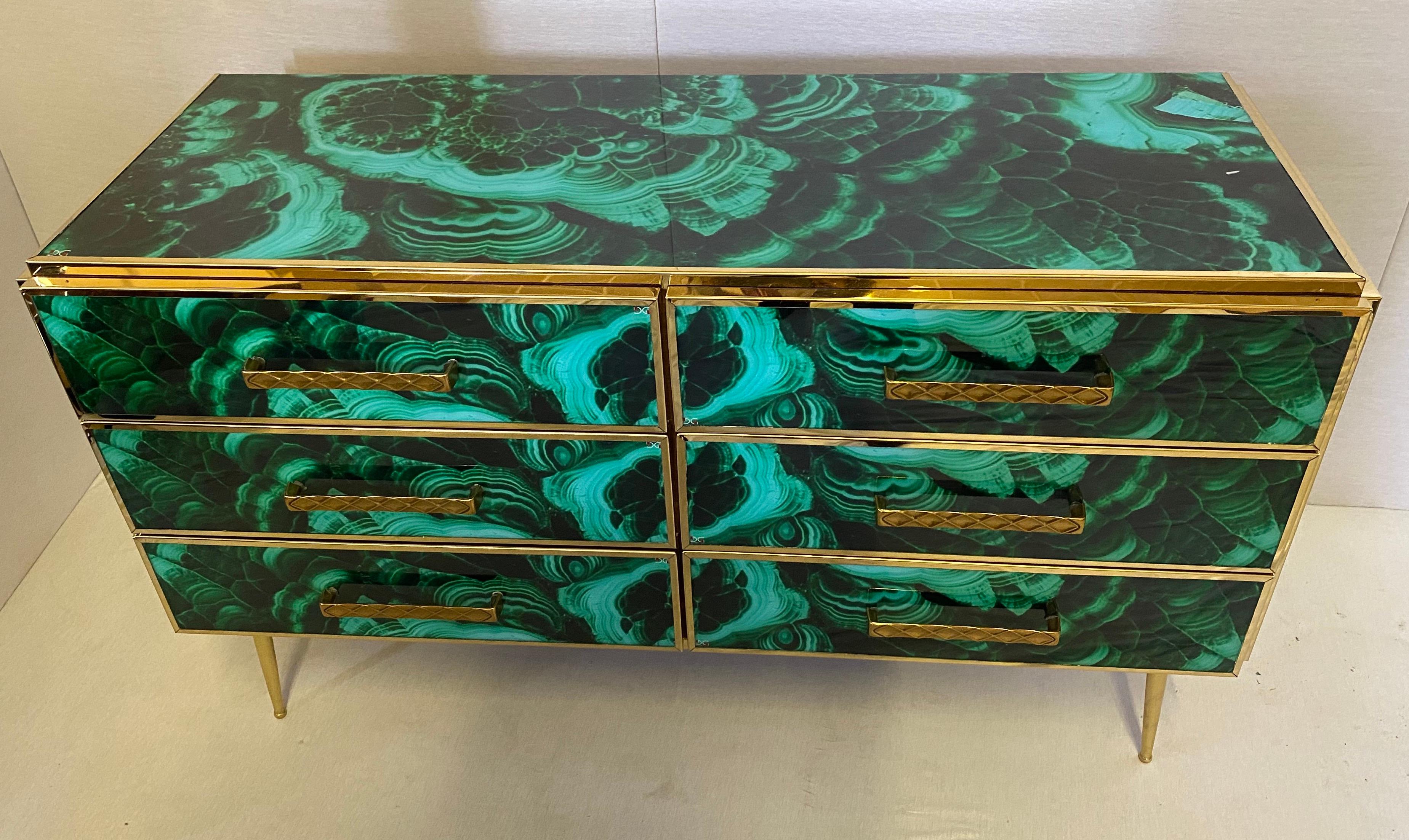 Contemporary Midcentury Style Brass and Malachite Colored Murano Glass Commode, 2020