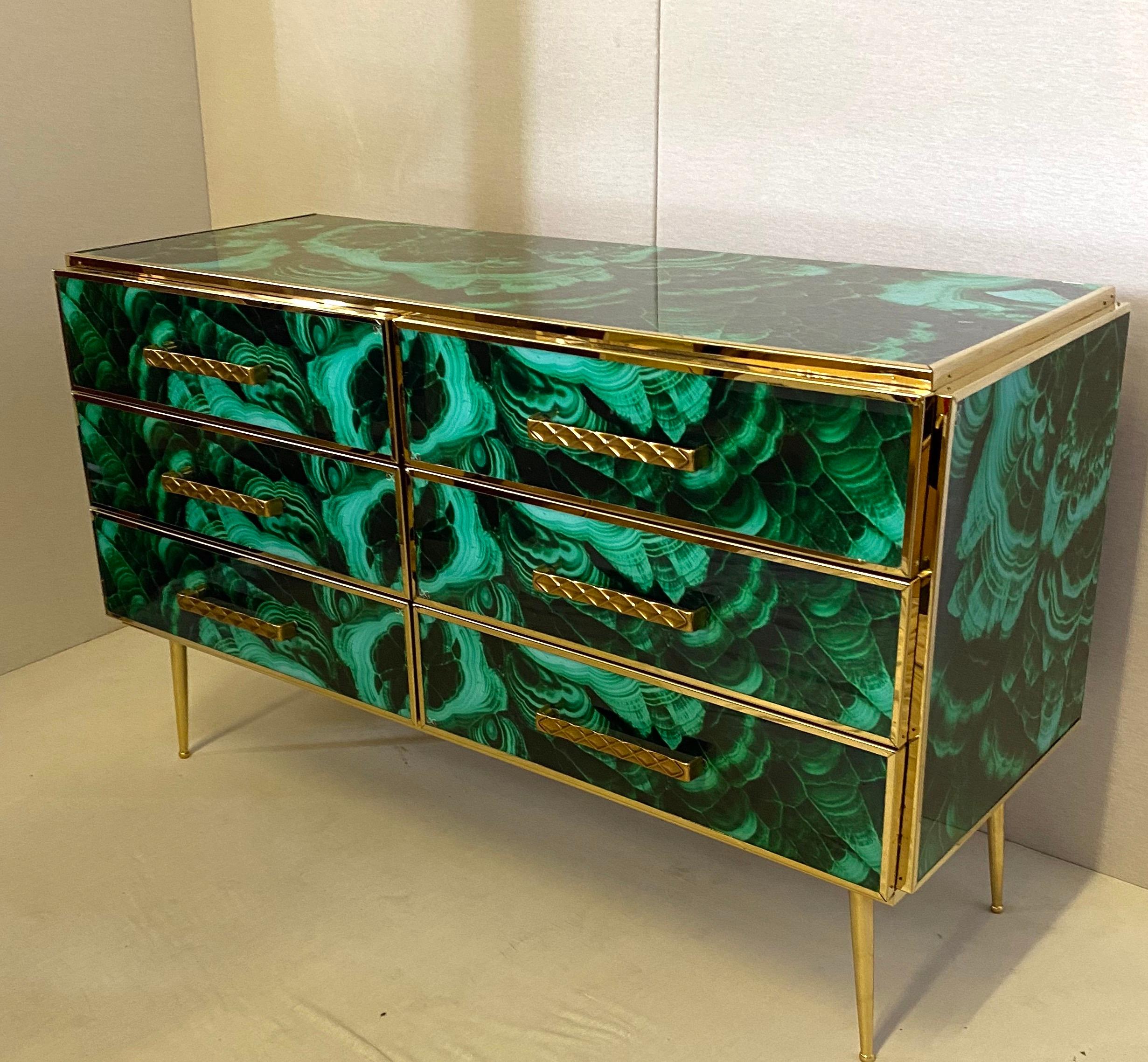 Midcentury Style Brass and Malachite Colored Murano Glass Commode, 2020 1