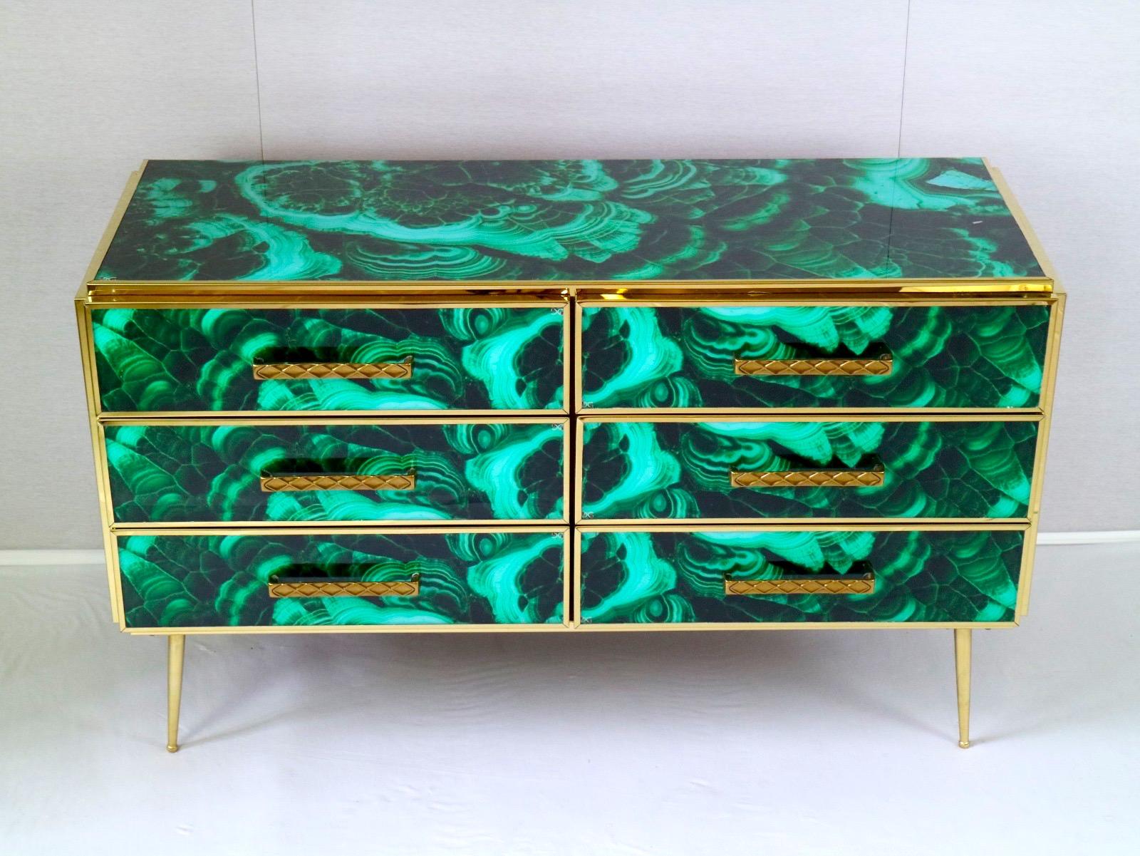 Midcentury Style Brass and Malachite Colored Murano Glass Commode, 2020 2