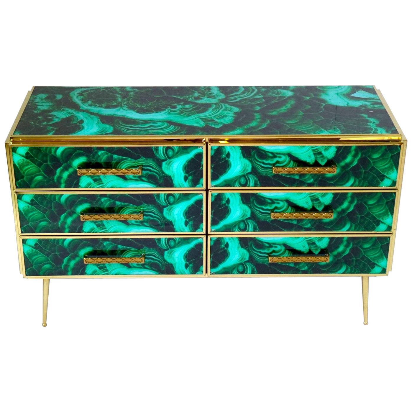 Midcentury Style Brass and Malachite Colored Murano Glass Commode, 2020