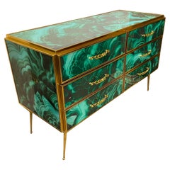 Midcentury Style Brass and Malachite Colored Murano Glass Commode, 2020