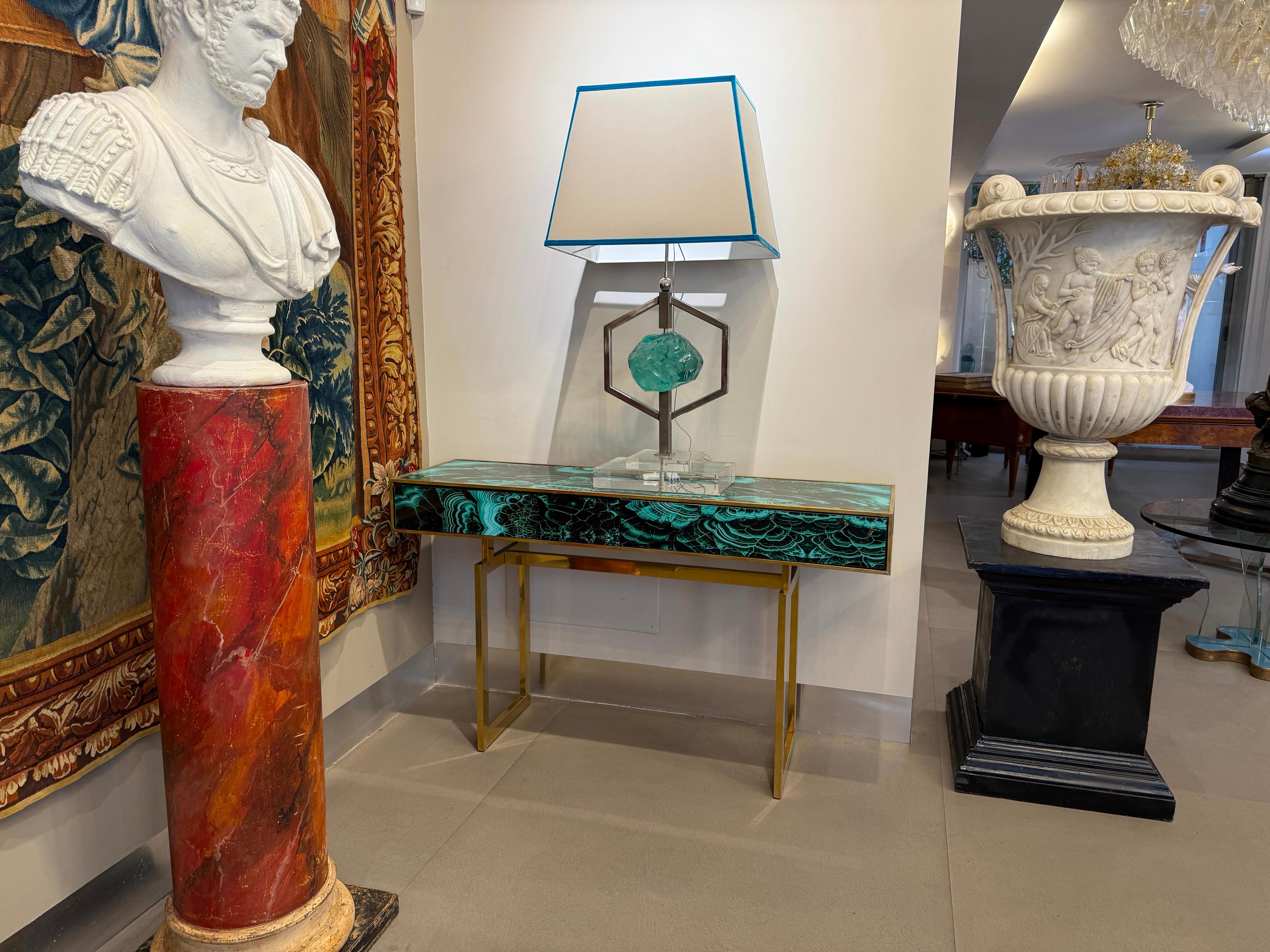 Mid-Century Modern Midcentury Style Brass and Malachite Marble Imitation  Glass Console Table For Sale