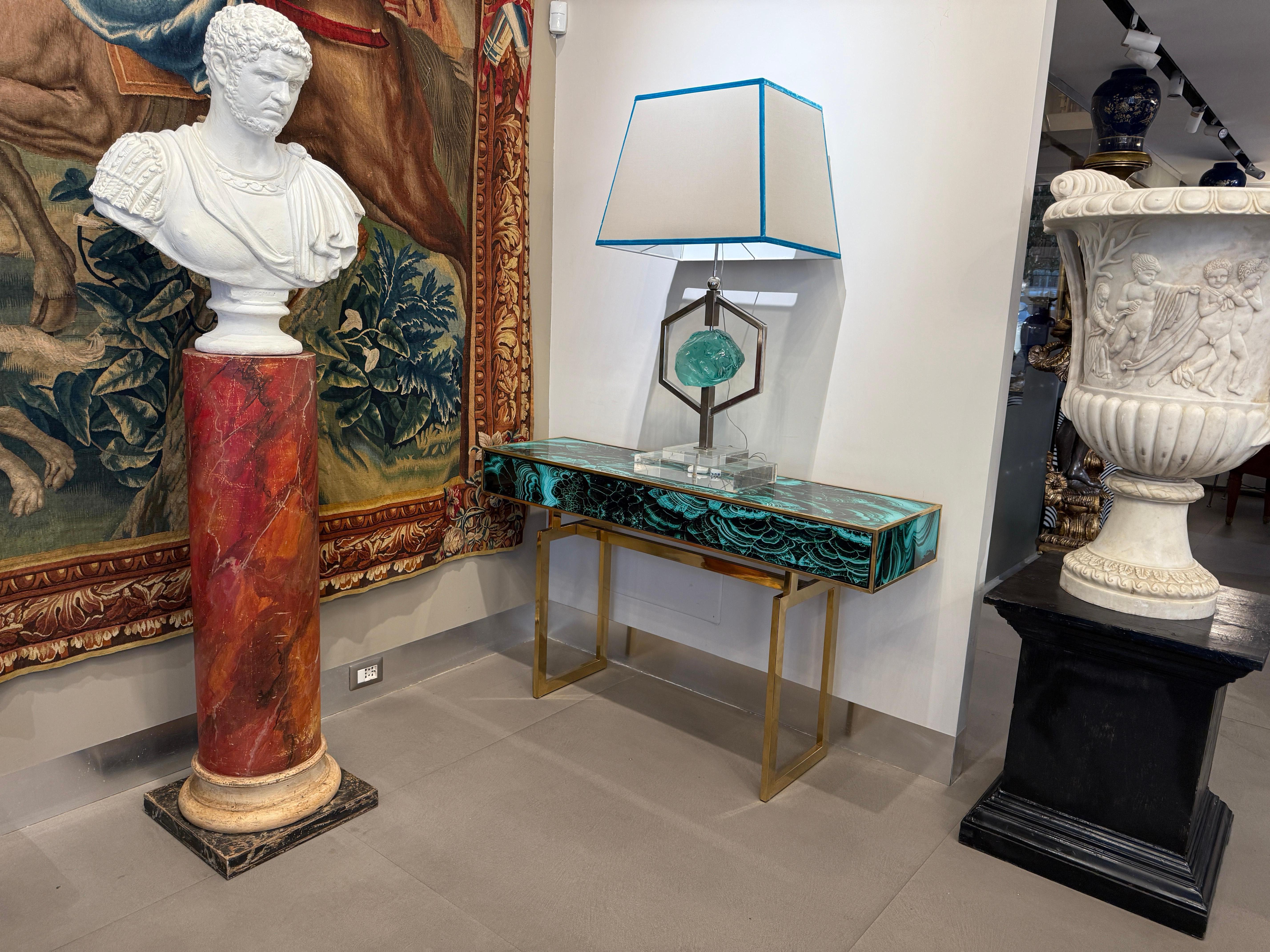 Italian Midcentury Style Brass and Malachite Marble Imitation  Glass Console Table For Sale
