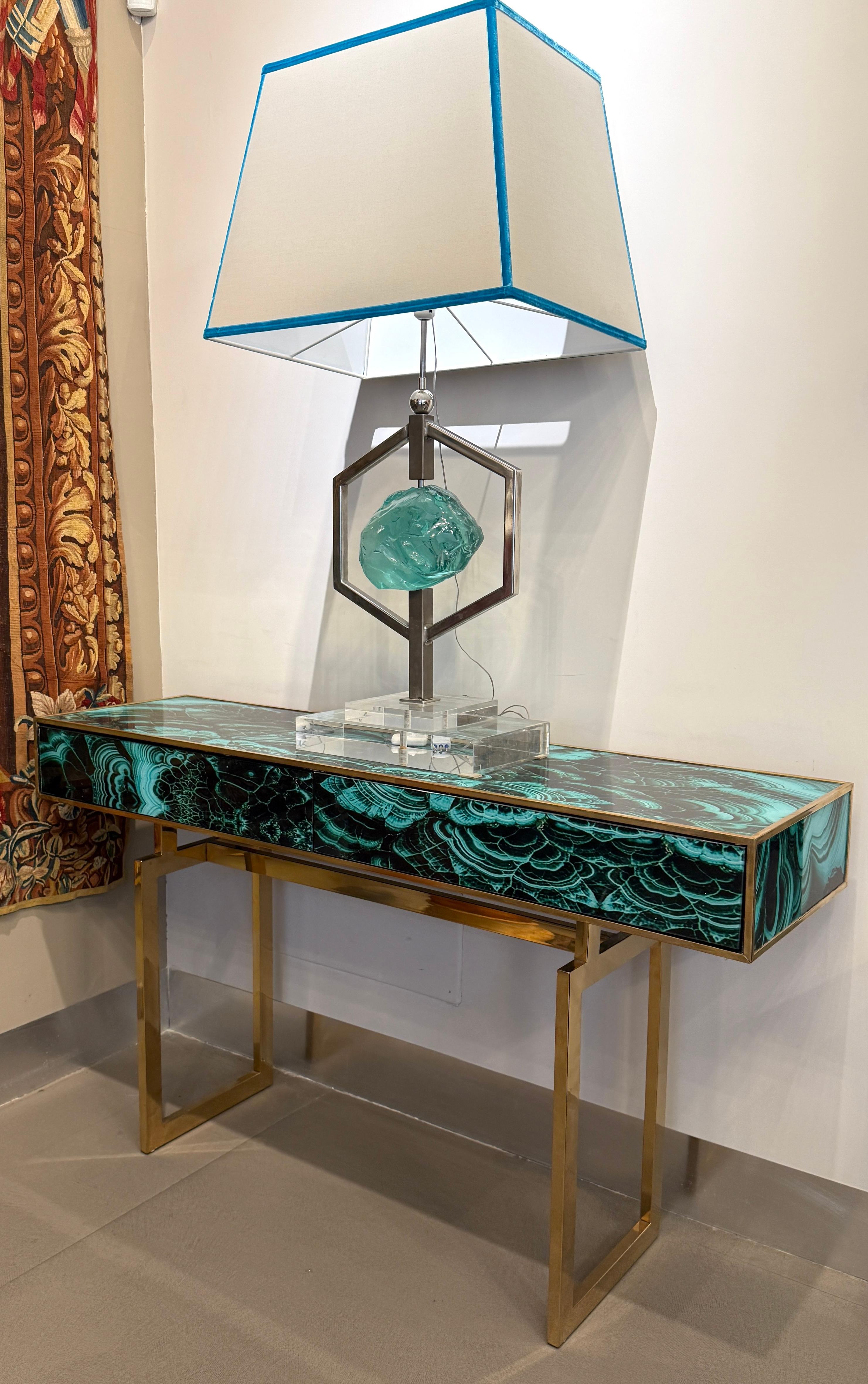 Midcentury Style Brass and Malachite Marble Imitation  Glass Console Table In New Condition For Sale In Rome, IT
