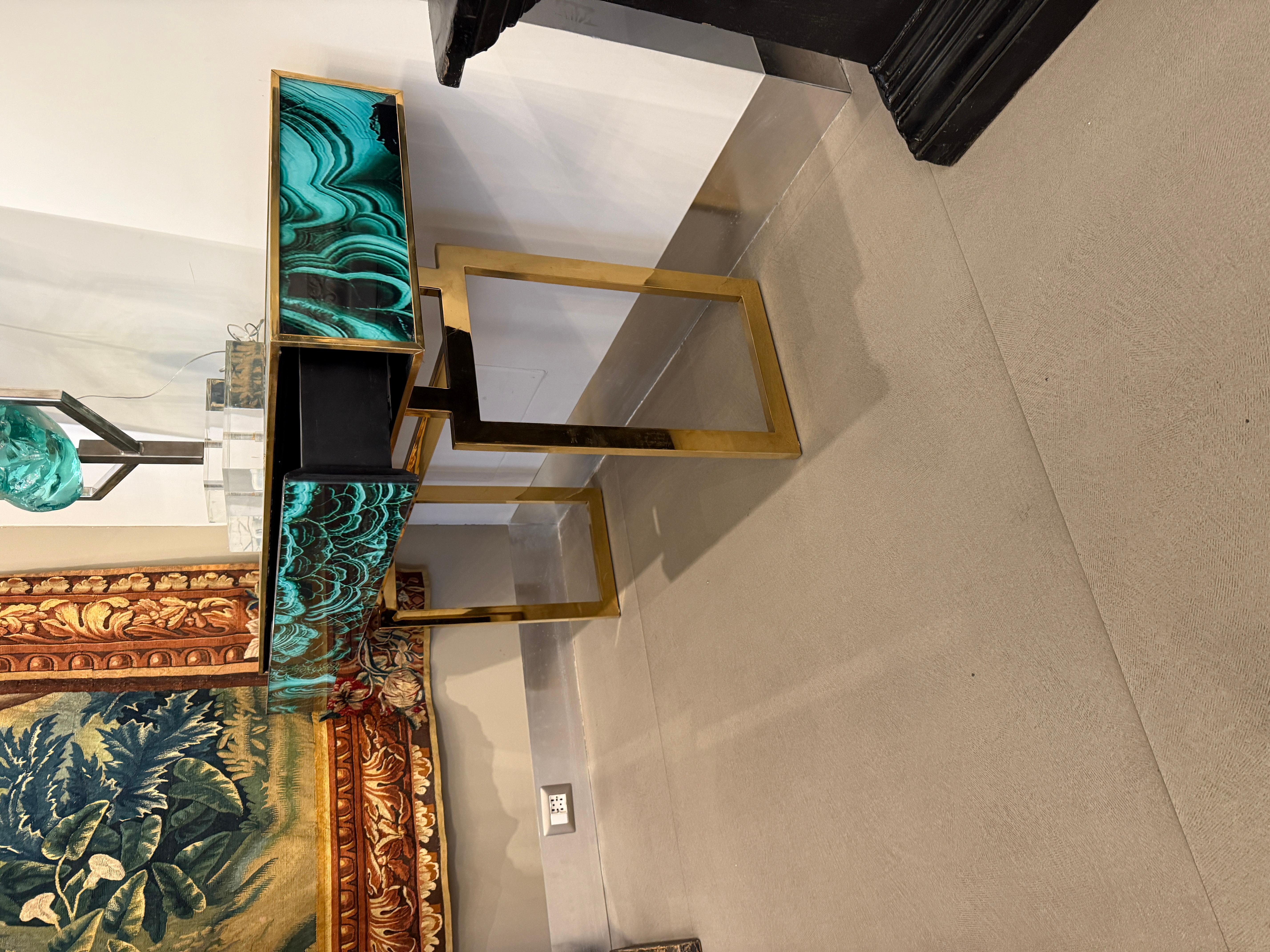 Midcentury Style Brass and Malachite Marble Imitation  Glass Console Table For Sale 1