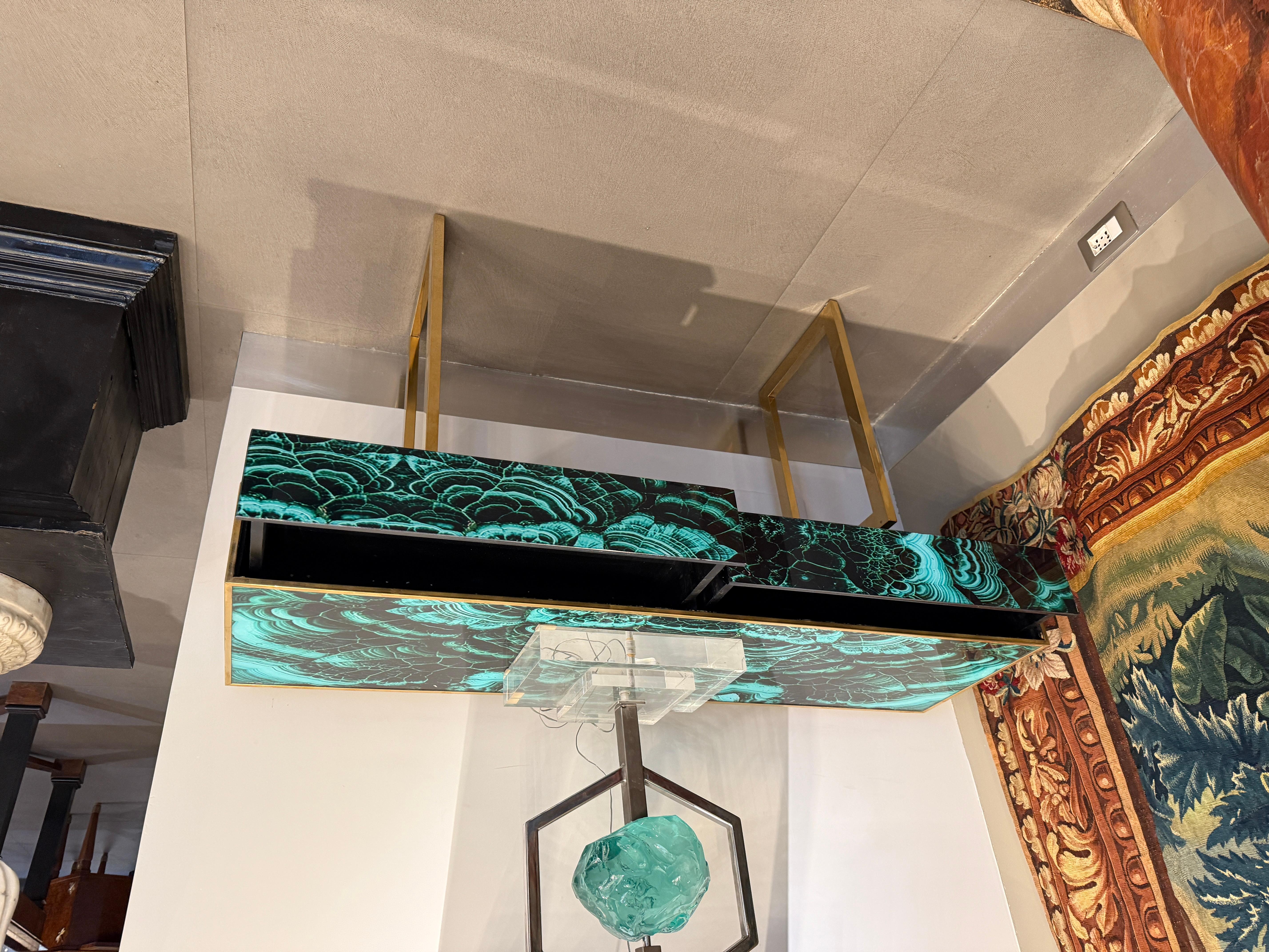 Midcentury Style Brass and Malachite Marble Imitation  Glass Console Table For Sale 2