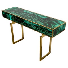 Midcentury Style Brass and Malachite Marble Imitation  Glass Console Table