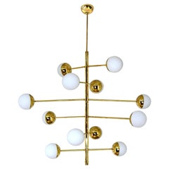 Midcentury Style Brass and Opaline Globes Italian Radial Chandelier