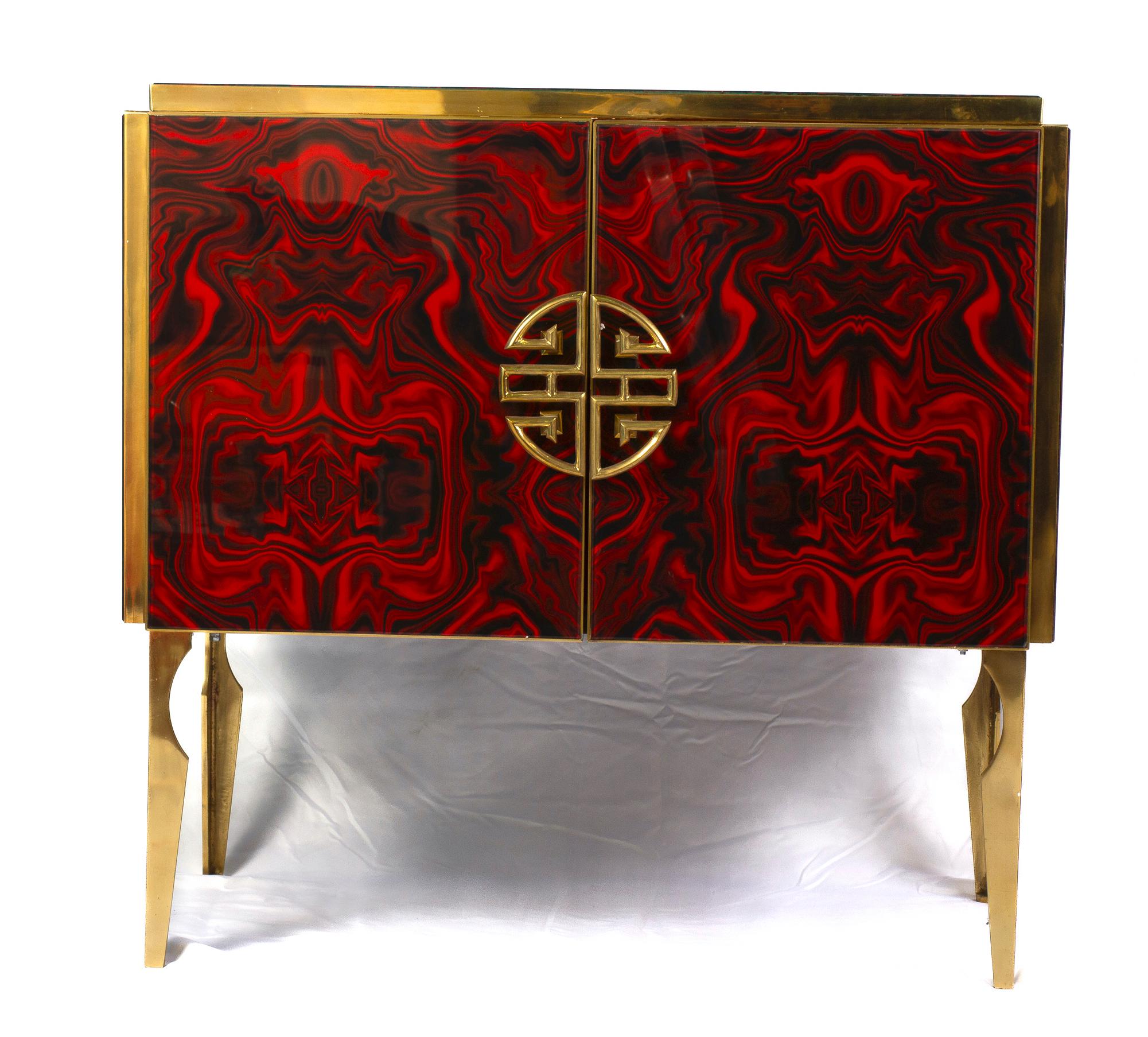Midcentury Style Brass and Red Fantasy Murano Glass Bar Cabinet, 2020 For Sale 5