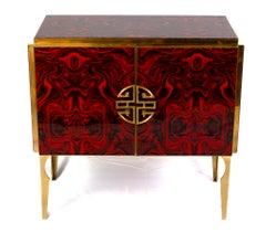 Midcentury Style Brass and Red Fantasy Murano Glass Bar Cabinet, 2020