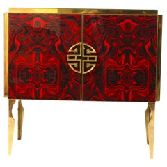 Midcentury Style Brass and Red Fantasy Murano Glass Bar Cabinet, 2020