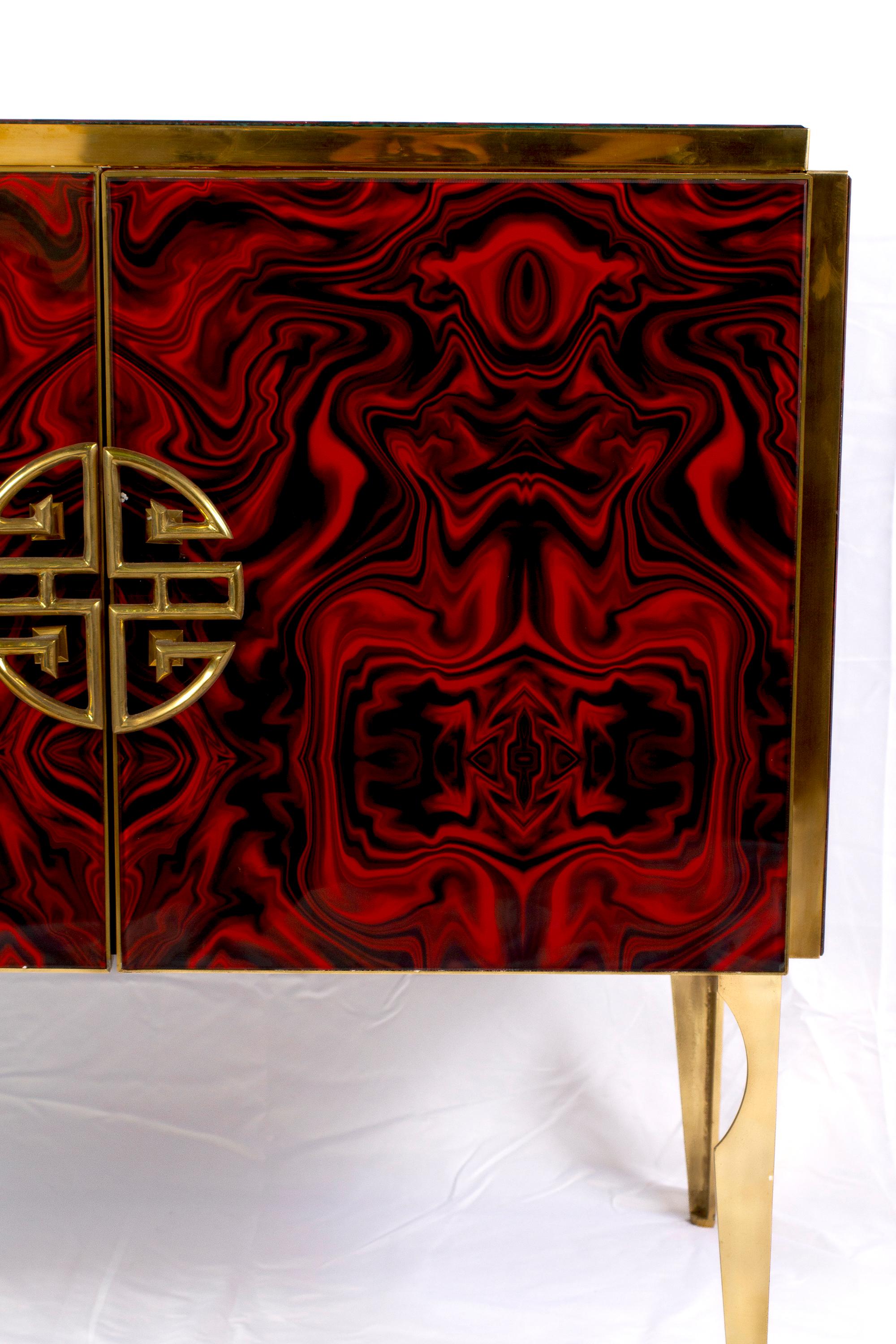 Midcentury Style Brass and Red Fantasy Murano Glass Bar Cabinet, 2020 For Sale 3