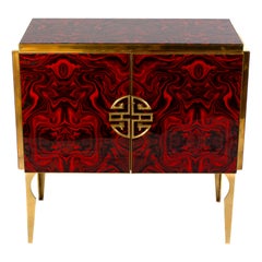 Meuble de bar en laiton et verre de Murano rouge fantaisie de style du milieu du siècle, 2020