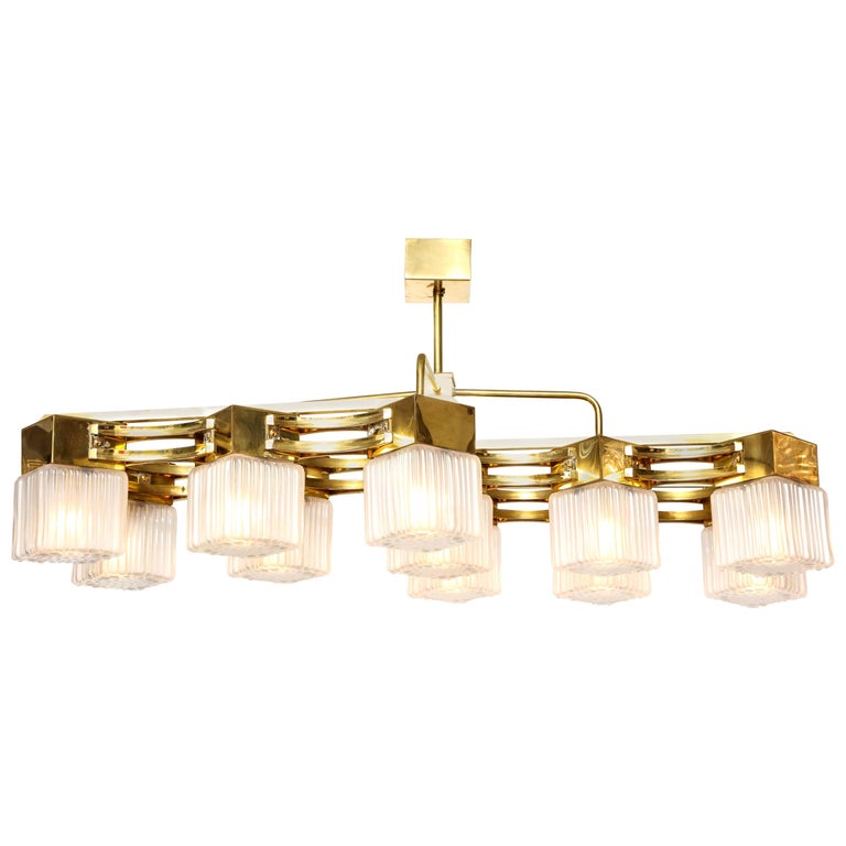 Midcentury Style Linnear Brass and White Murano Square Glass Chandelier, Italy For Sale