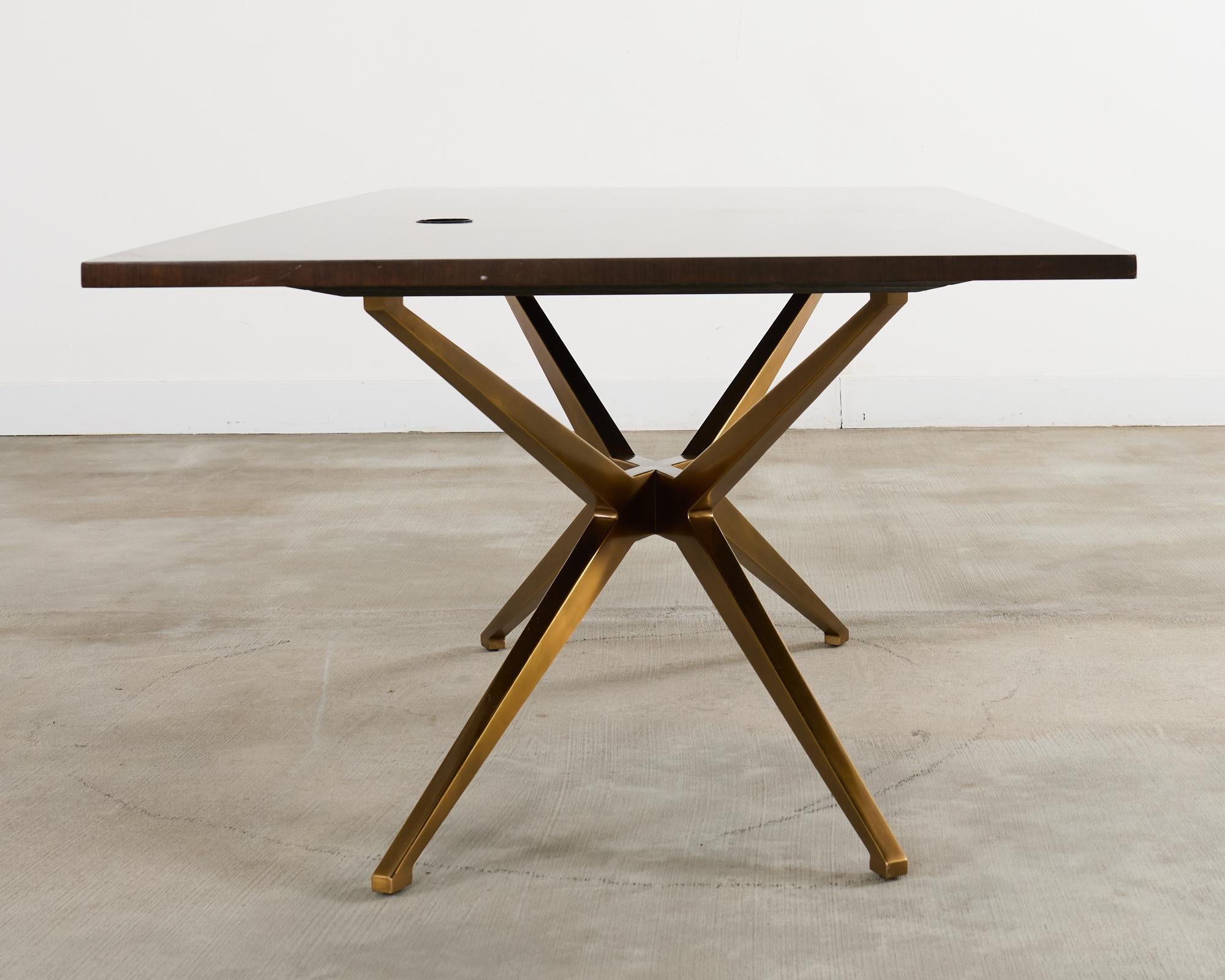 Contemporary Midcentury Style Brass Base Walnut Writing Table Desk For Sale