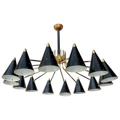Midcentury Style Brass Chandelier with Black Perforated Shades