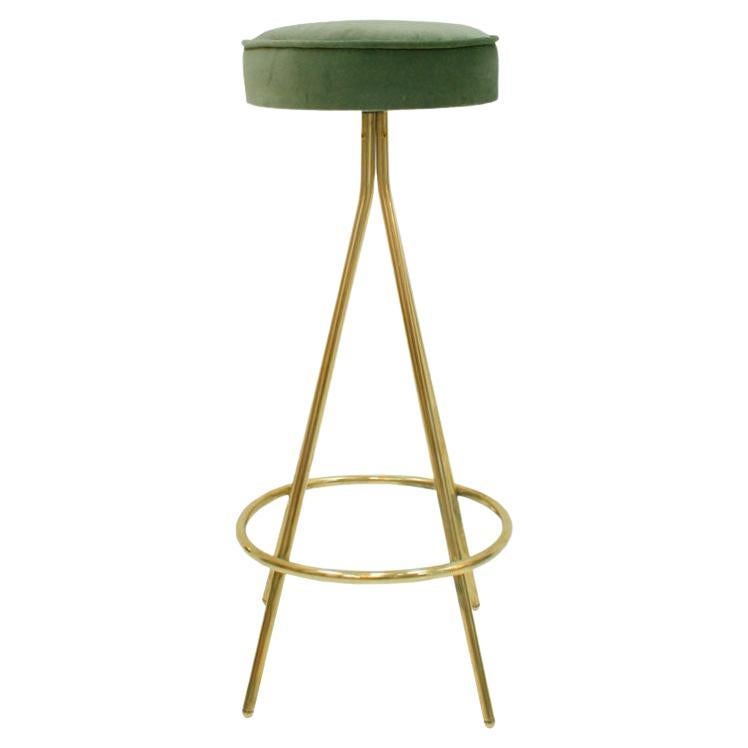 Sgabelli da bar circolari in ottone e velluto di cotone in stile Midcentury, set da 3