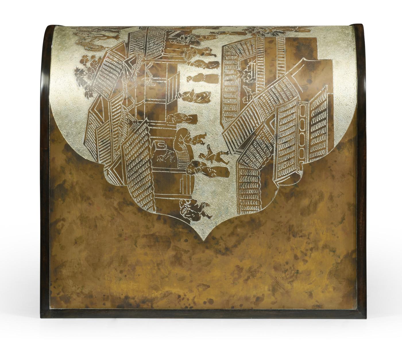 Midcentury style curved chinoiserie style antique etched brass and ebonized oak coffee table.
 
Inspired by the fantastic works of art of Philip and Kelvin LaVerne.

Dimensions: 48