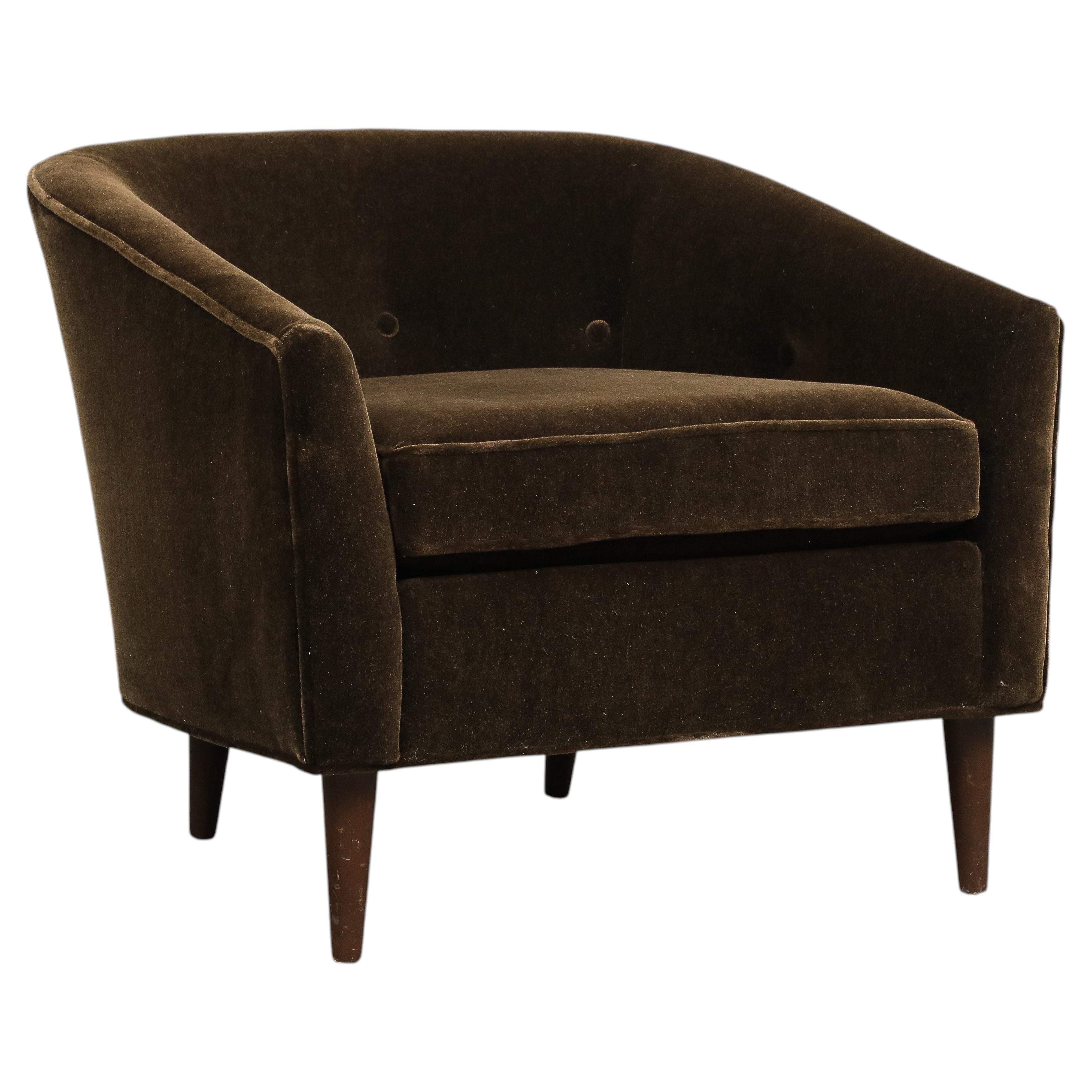 Midcentury Style Curved Back Italian Lounge Chair in Chocolate Mohair