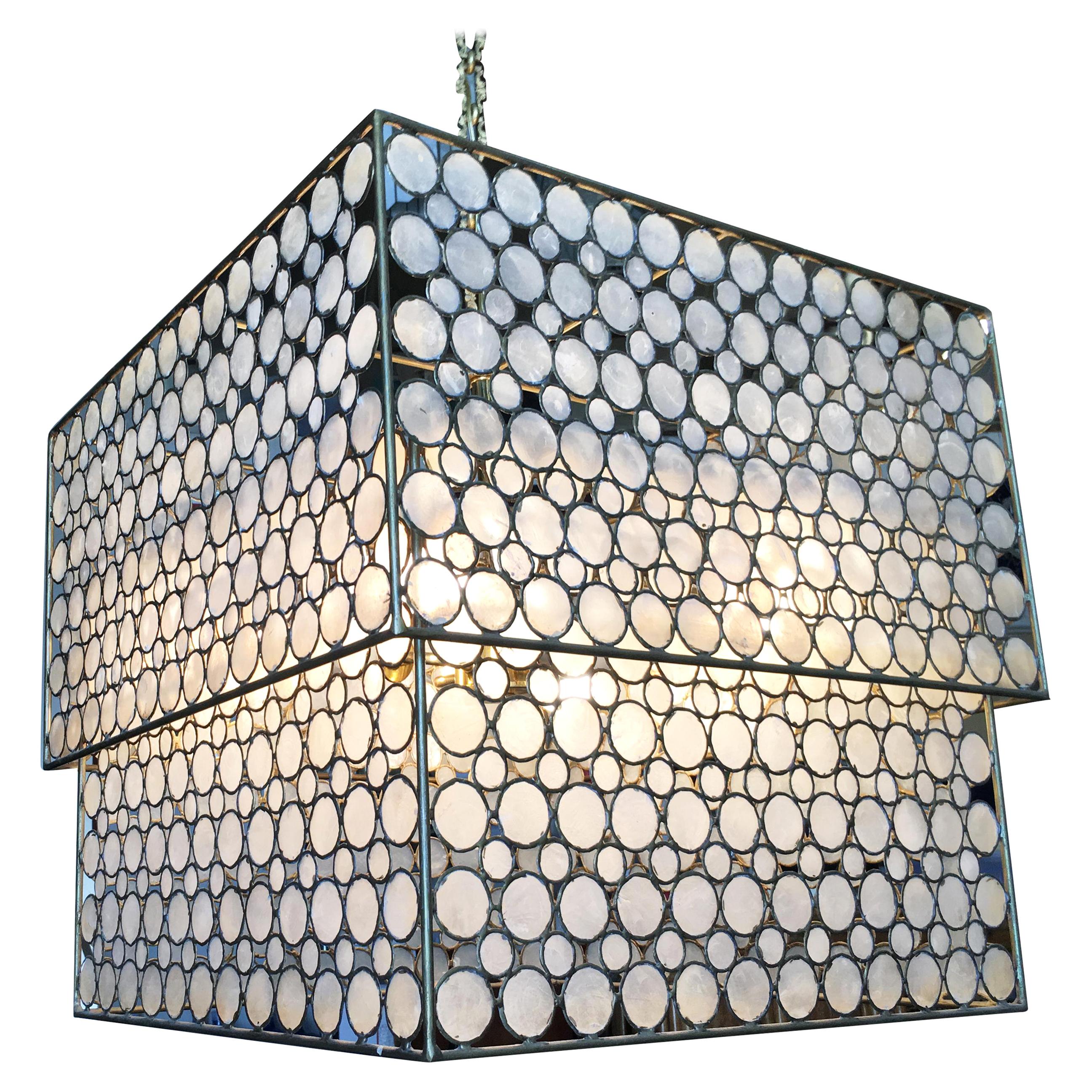 Midcentury Style Double Box Mother of Pearl Hanging Chandelier For Sale