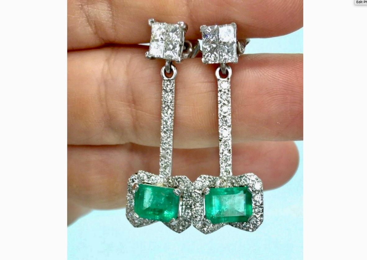 Art Deco 10.76 Carats Midcentury Style Emerald and Diamond Drop Earrings 18 Karat For Sale