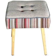 Midcentury Style Gray Wool Footstool with Colorful Stripes and Buttons