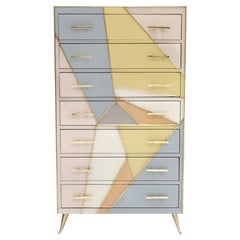 Midcentury Style Italian Commode Made of Solid Wood Colored Glass and Brass