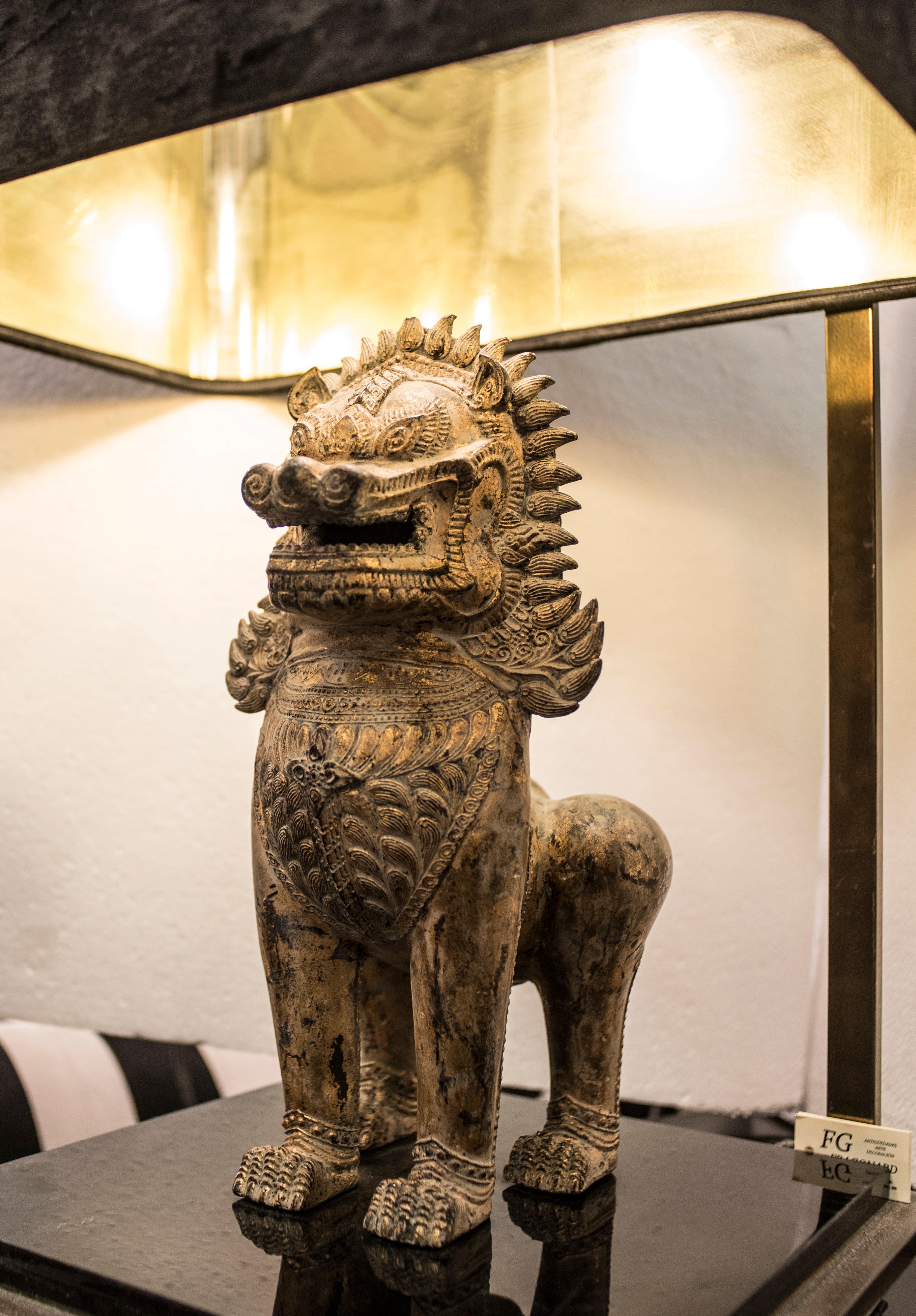 Brass Midcentury Bronze Lion of Foo Tablelamp, France, 1970