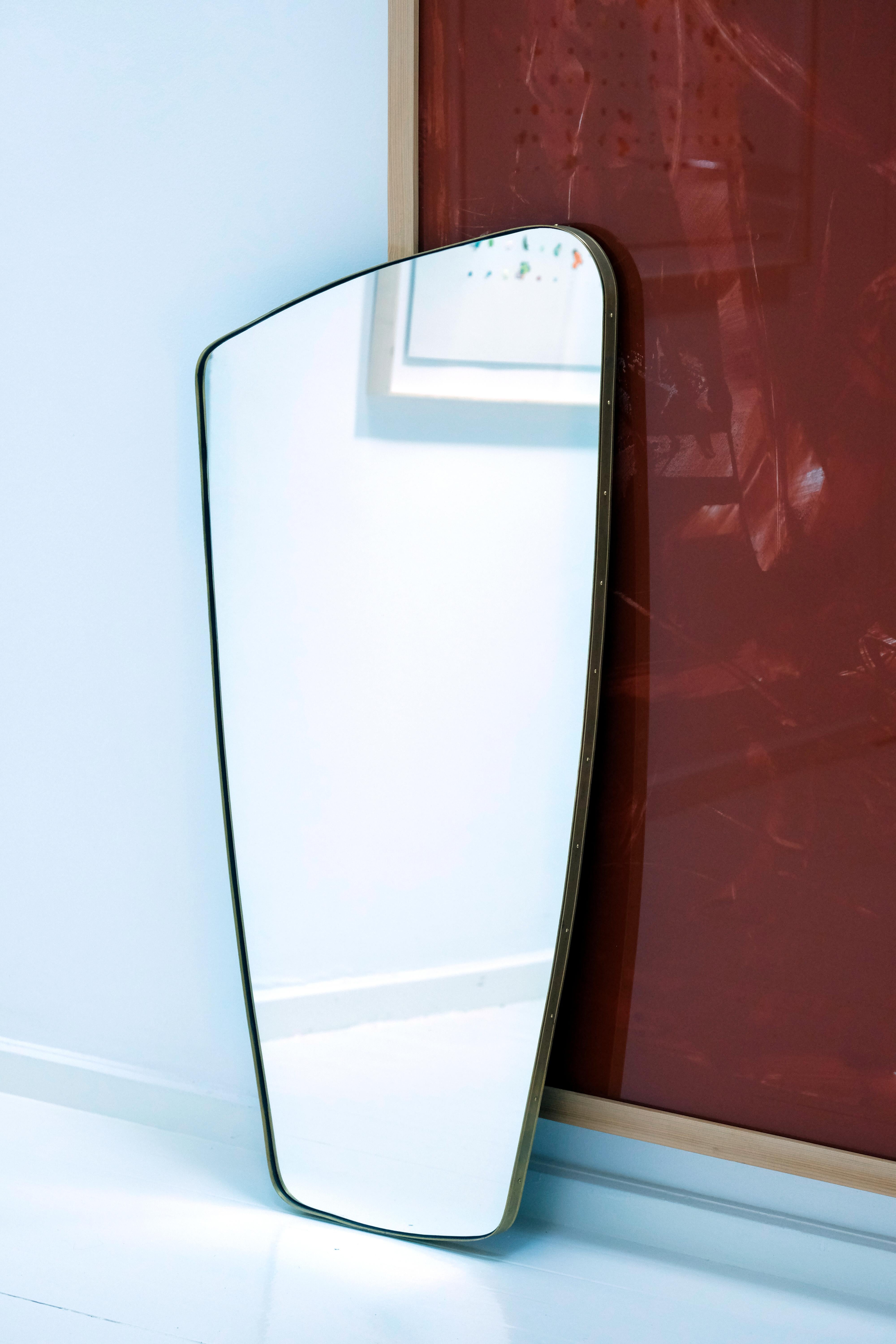 Midcentury Style Mirror Irregular Shape & Embossed Brass Frame Large For Sale 1