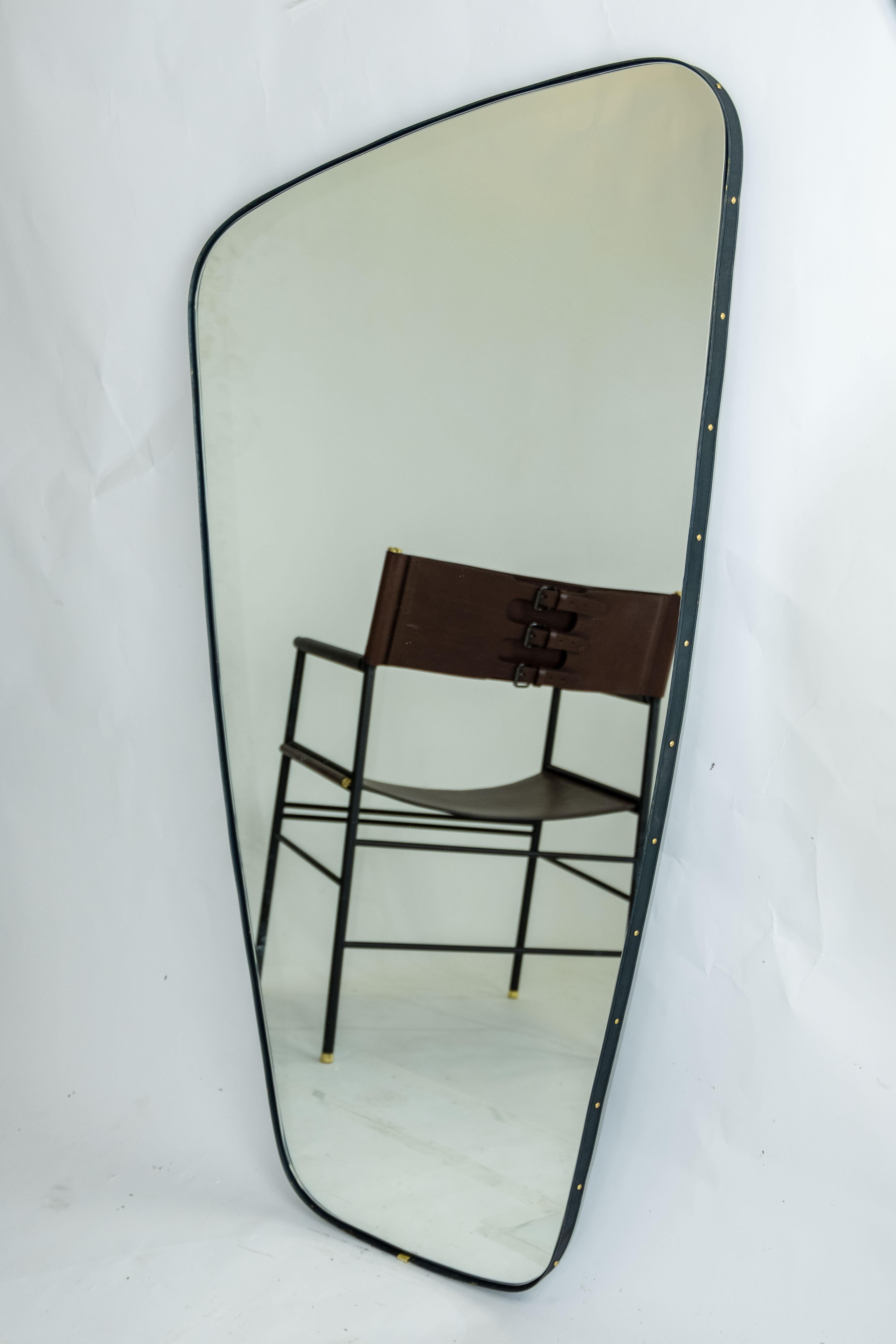 Contemporary Midcentury Style Mirror Irregular Shape & Embossed Brass Frame Large For Sale