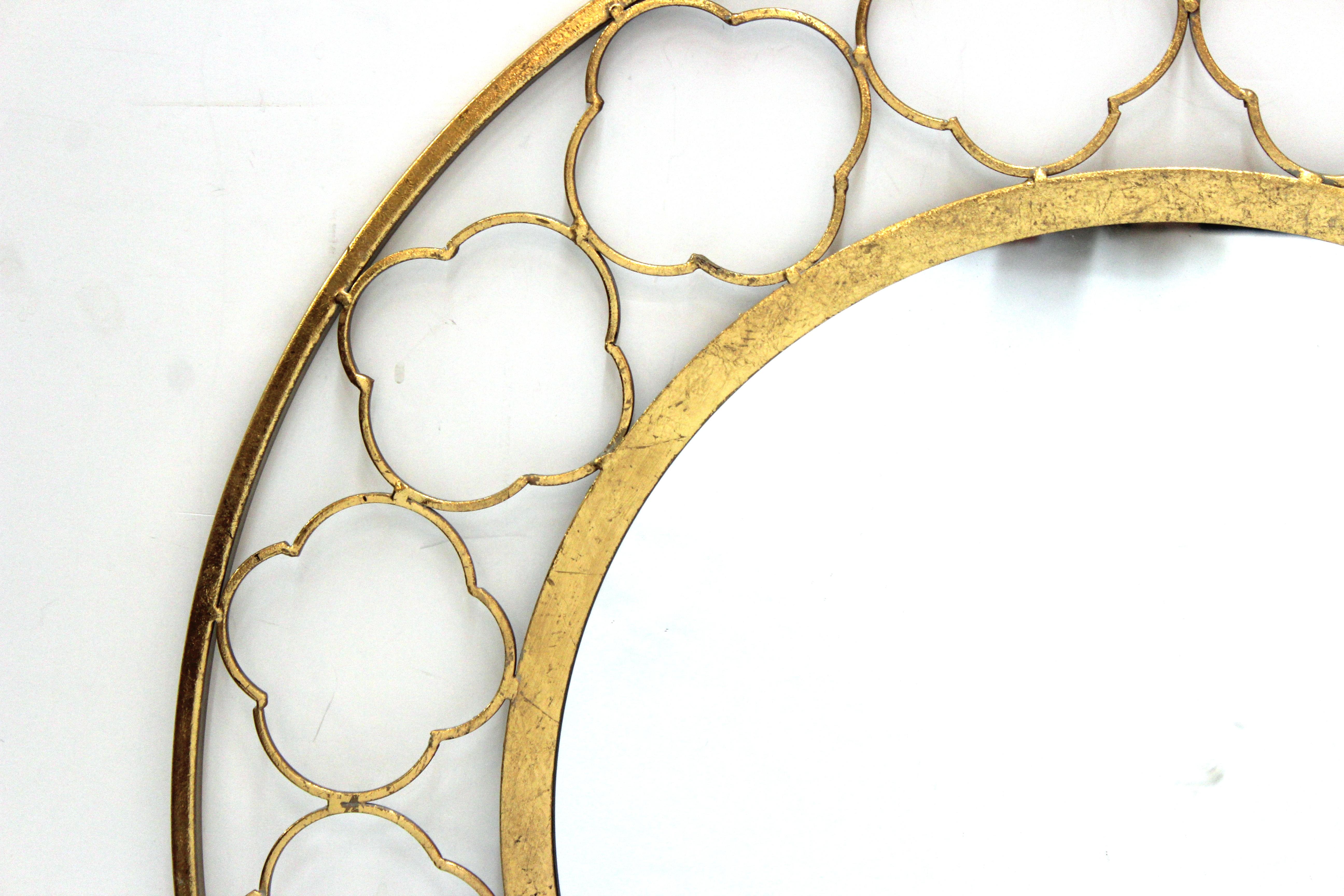 Mid-Century Modern Midcentury Style Round Gilt Metal Mirror with Quatrefoil Motif