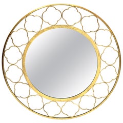Midcentury Style Round Gilt Metal Mirror with Quatrefoil Motif