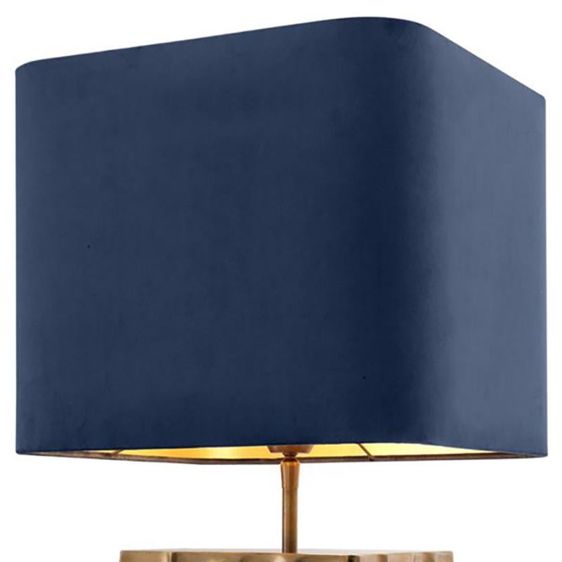 European Midcentury Style Vintage Brass Table Lamp with Blue Velvet Shade