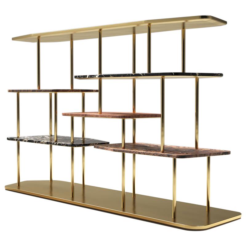 Midcentury Style, Waldorf Bookcase, in Brass, Marble, Briar Wood, Made in Italy For Sale