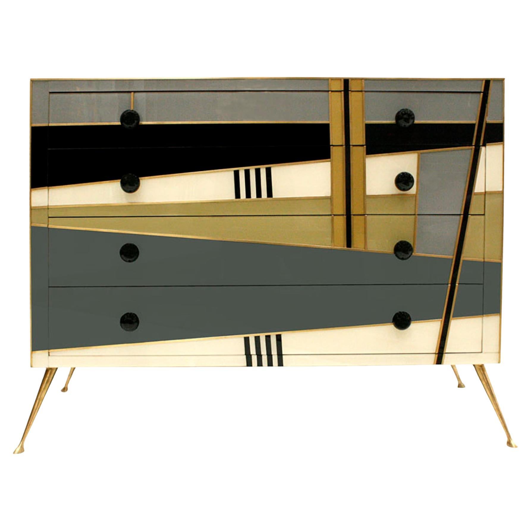 Midcentury Style Wood Colored Glass and Brass Italian Commode by L.A. Studio