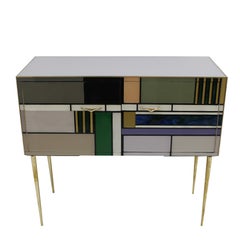 Midcentury Style Wood Colored Glass and Brass Pair of Italian Sideboards