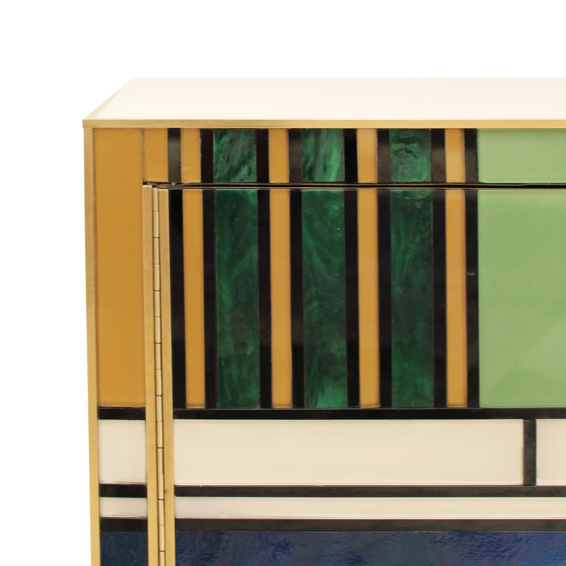 Midcentury Style Wood Colored Glass and Brass Pair of Italian Sideboards For Sale 1