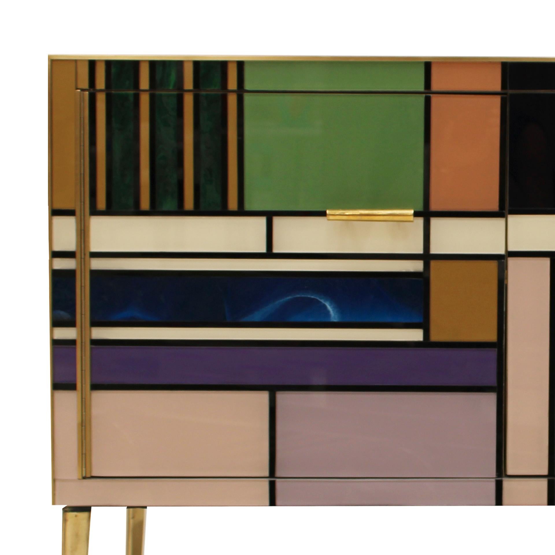 Midcentury Style Wood Colored Glass and Brass Pair of Italian Sideboards For Sale 4